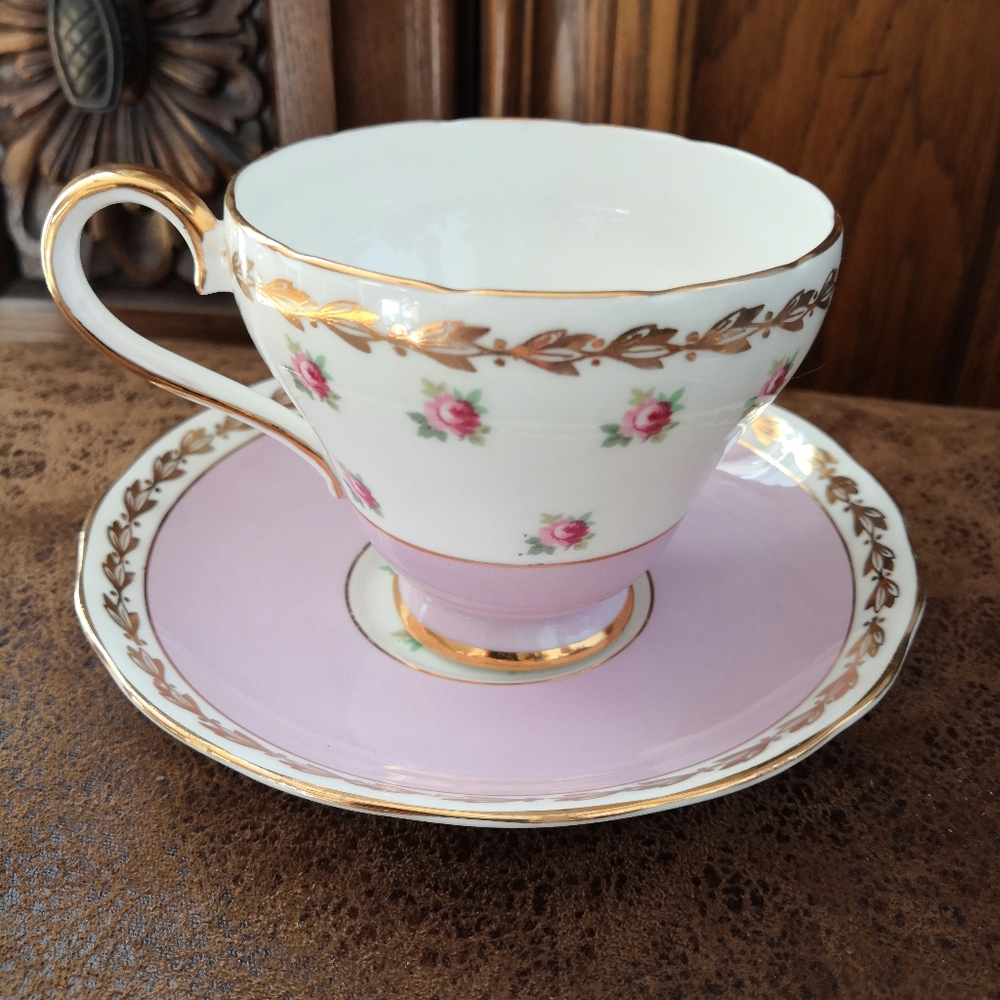 Adderley Fine Bone China Pink Purple & Rose Buds Cup and Saucer